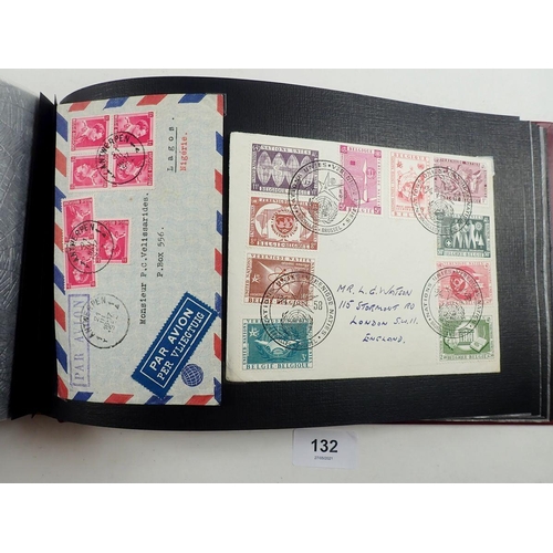 132 - Belgium: Hard-backed maroon album in sleeve full of 60+ entires, covers and postcards from 1857 to l... 