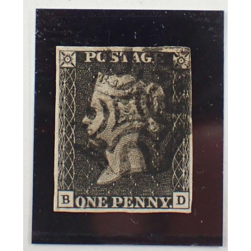 190 - GB: QV 1840 1d Penny Black, Plate 7 BD, used, black MC, 4 close to good margins.