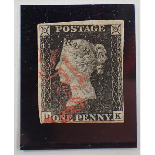 191 - GB: QV 1840 1d Penny Black, Plate 2 DK, used, red double-lined MC, 4 close to good margins.