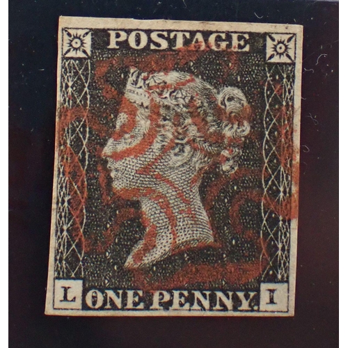 195 - GB: QV 1840 1d Penny Black, Plate 3 LI, used, clean central deep-red MC, 4 close to good margins.