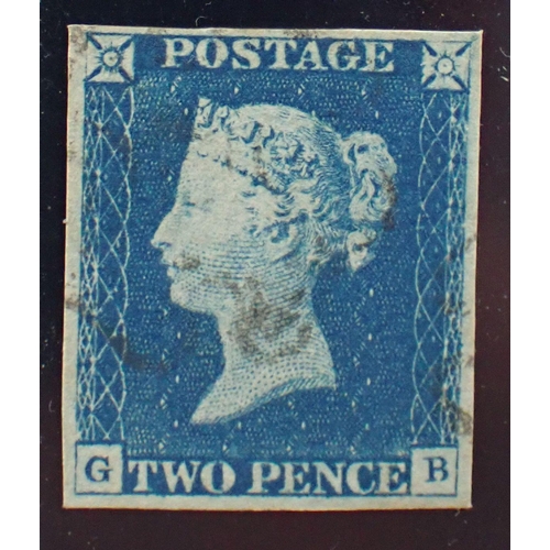 196 - GB: QV 1840 2d Two Pence Blue, Plate 1, used, black MC, 4 good margins.  SG Cat £975