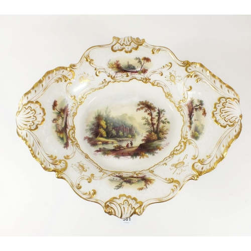 381 - A large dessert comport painted pastoral landscapes with gilt borders, 34cm wide