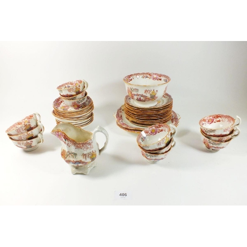 406 - A Victorian Staffordshire chinoiserie tea service decorated figures and landscapes comprising: twelv... 