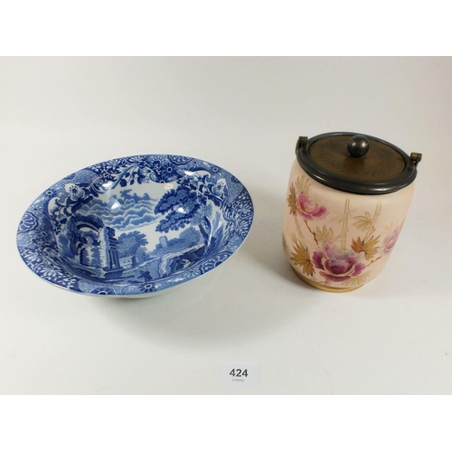 424 - A Spode Italian bowl and a Victorian painted biscuit barrel