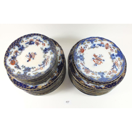 437 - A quantity of Victorian New Stone China plates with blue and red decoration comprising: twenty two d... 