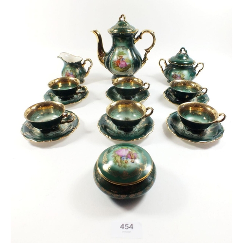 454 - A green Bavarian coffee set painted rococo scenes comprising six cups, six saucers, coffee pot, suga... 