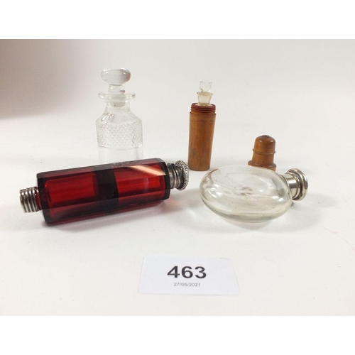 463 - Four various glass scent bottles (one in wooden case)