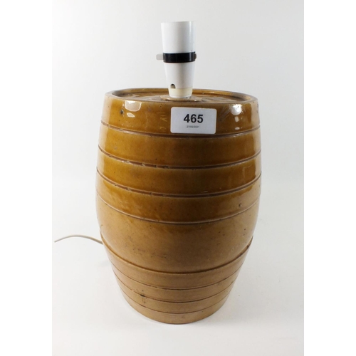 465 - A ceramic barrel form table lamp, 34cm high with fitting