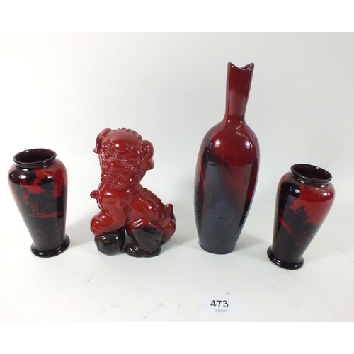 473 - Four Royal Doulton Flambe glaze items, to include pair of small vases, larger vase and Foo Dog figur... 