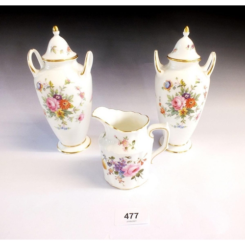 477 - A pair of modern Minton two handled vases and covers, 17cm and a Royal Crown Derby jug