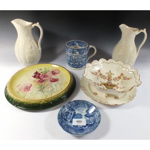 480 - A group of Victorian china to include pair of press moulded jugs, Crown Devon strainer dish, Victori... 