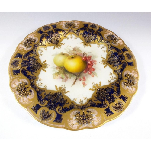 482 - A Royal Worcester plate painted apples and berries in rich gilt and blue border, A/F