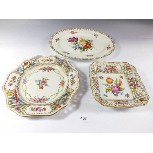 487 - A Dresden pierced and floral painted plate, 22cm, an Adderley's 'Dresden' oval dish and Bavarian squ... 