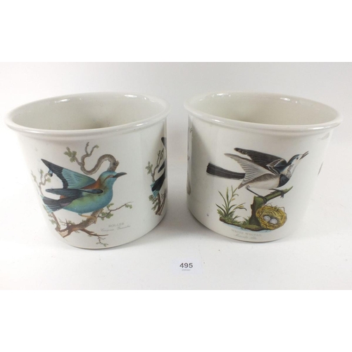 495 - A pair of Portmerion jardinières printed birds, 16.5cm tall