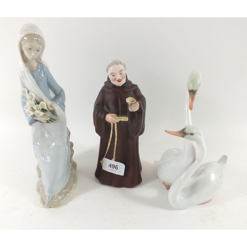 496 - A Coalpor figure of a monk together with a Lladro figurine and a Herend figure of two geese