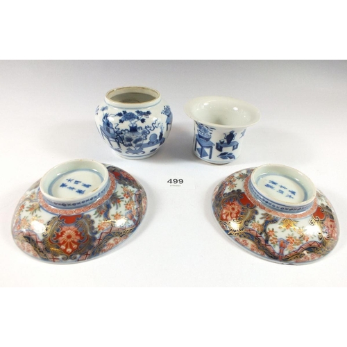 499 - Two Chinese blue and white porcelain pots - 6cm and 5cm and a pair of Japanese Imari dishes with six... 