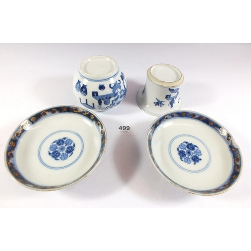 499 - Two Chinese blue and white porcelain pots - 6cm and 5cm and a pair of Japanese Imari dishes with six... 