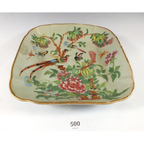 500 - A Tao Kuang famille rose on celadon ground square dish painted exotic birds, butterflies and flowers... 