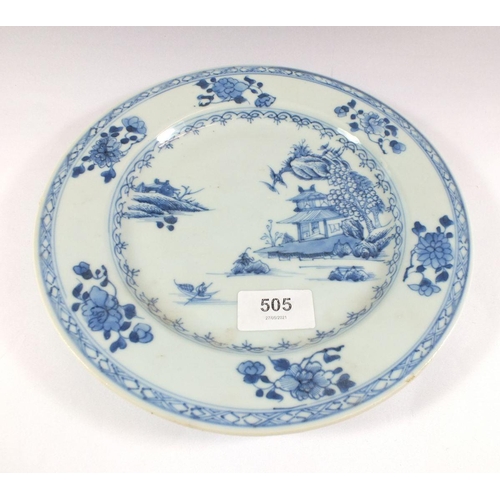 505 - A Chinese Nanking cargo blue and white plate with landscape decoration, label to verso, 23cm diamete... 