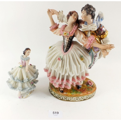 519 - A Frankenthal lacework group of lovers dancing 27cm tall, and a smaller figure