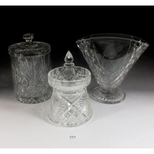 551 - A Royal Brierley cut glass vase and two cut glass jars with covers