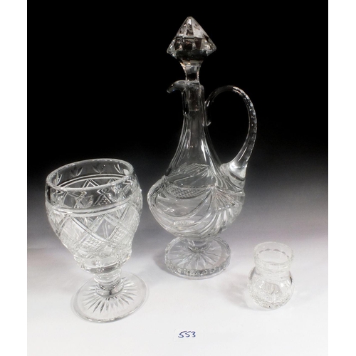 553 - A Webb cut glass posy vase, boxed, a cut glass claret jug, boxed and a cut glass vase - 20cm