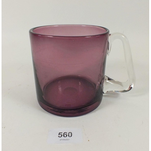 560 - A Scandinavian glass aubergine mug with clear glass handle by Bjorkshult