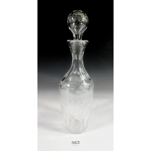 563 - An Edwardian cut glass petite decanter etched with wildflowers, 25cm