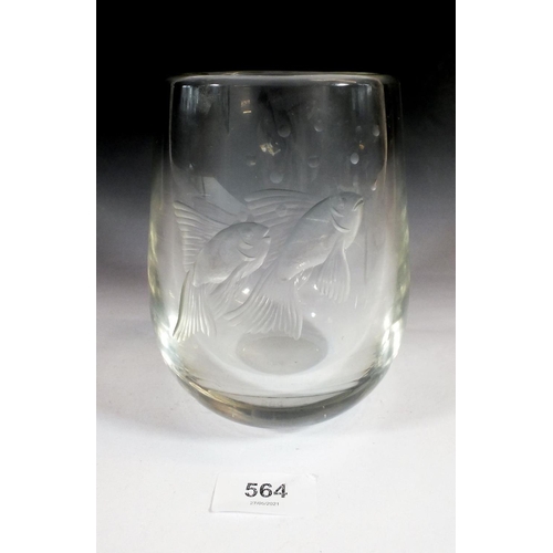 564 - A glass vase wheel cut goldfish, 15cm tall