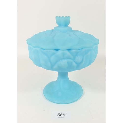 565 - A Fenton turquoise satin glass bon bon jar and cover, 18cm tall