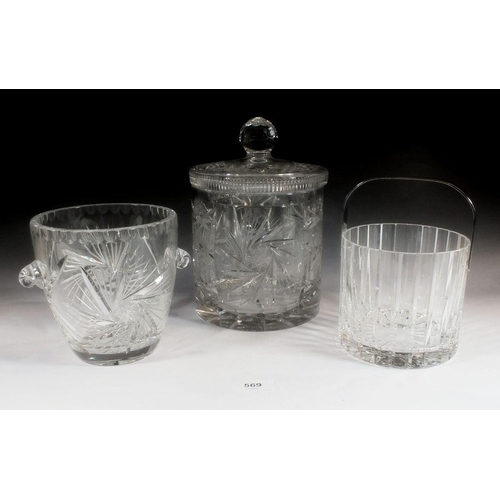 569 - A large cut glass biscuit jar and lid and two cut glass ice buckets