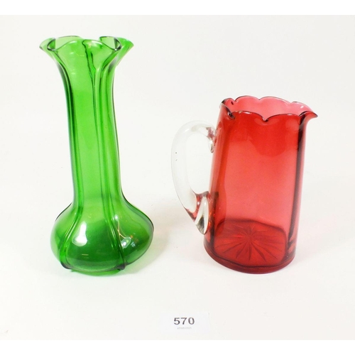 570 - A green glass vase together with a cranberry glass jug