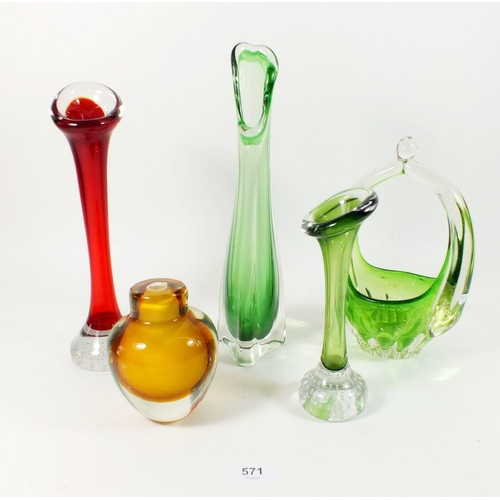 571 - Five mid century glass vases including some Sommerso, largest 30cm