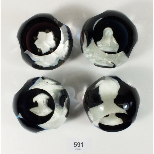 591 - Four Caithness limited edition glass Sulphide paperweights to include Christmas Rose, Queen Elizabet... 