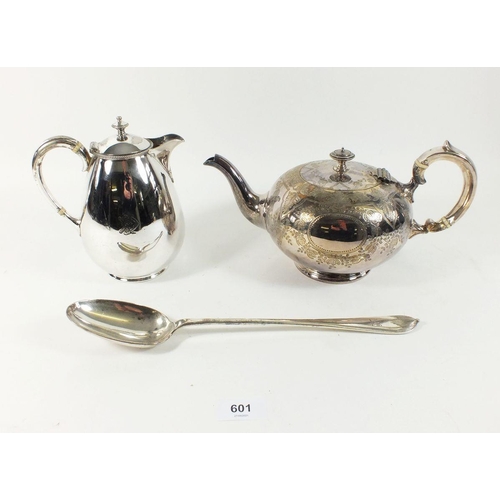 601 - A silver plated Mappin and Webb teapot, Elkingtons coffee pot and a basting spoon