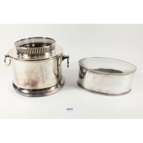 604 - A silver plated bottle coaster with wooden base and a silver plated biscuit box