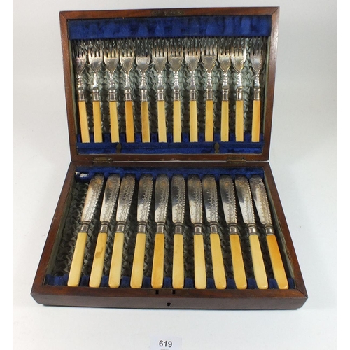 619 - A late 19thC silver plated fish knives and forks cutlery set with bone handles (one knife missing)