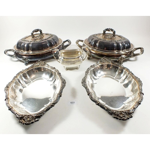 622 - A pair of heavy silver plated entree dishes with lids and a pair of vegetable dishes and a silver pl... 