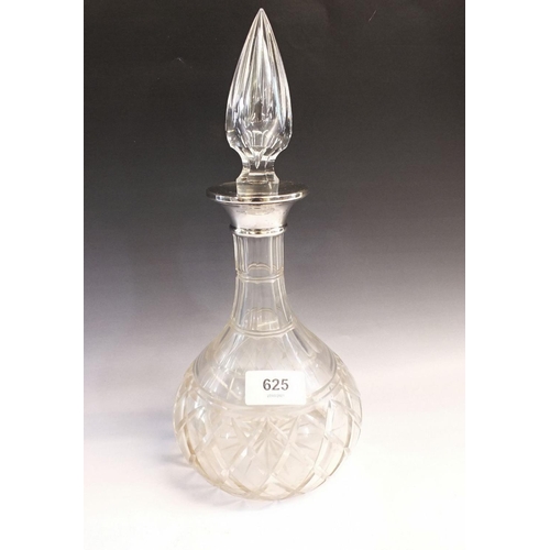 625 - A cut glass decanter with silver collar