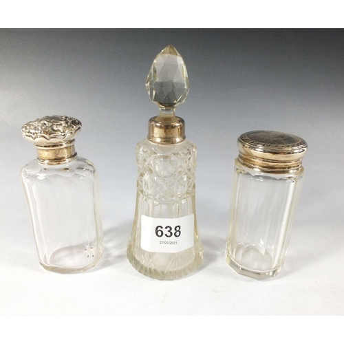 638 - A cut glass and silver scent bottle and two cut glass and silver toiletry bottles