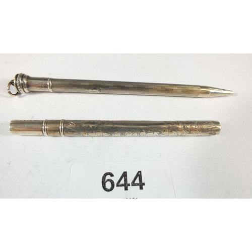 644 - A silver propelling pencil together with a silver crochet thread hook