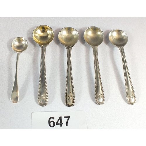 647 - A set of four silver salt spoons, London 1866 with one other,  26g