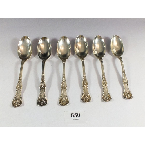 650 - A set of six Gorham sterling silver teaspoons with shell and foliage decoration, 188g, 1878