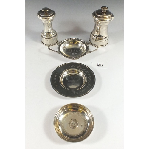 657 - A silver pepper pot and a silver plated one, a silver tea strainer,  42g, Birmingham 1968, a silver ... 