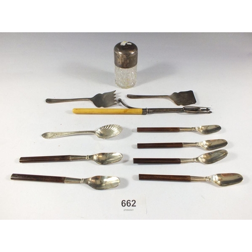 662 - A set of six 950 silver coffee spoons with wooden handles, silver cake servers, silver teaspoon, sil... 