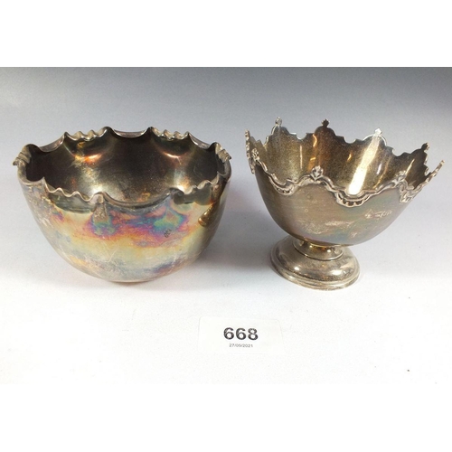 668 - Two silver frilled top bowls, 172g, tallest 7cm