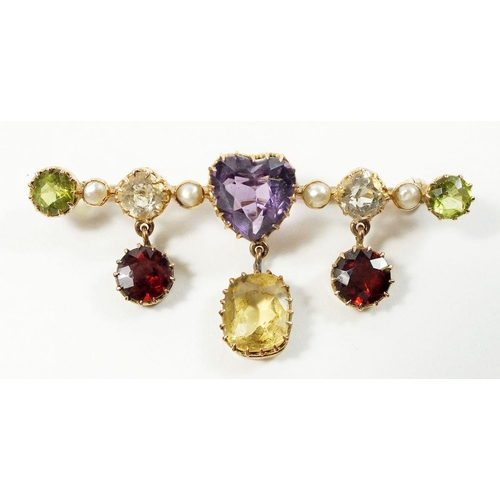 771 - A gold brooch set coloured stones and pearls including heart cut amethyst, peridot and crystal with ... 