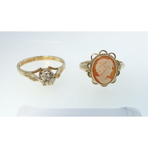 775 - A 9 carat gold illusion set diamond chip ring, 1.8g, size M and a 9 carat gold cameo ring, size K/L,... 