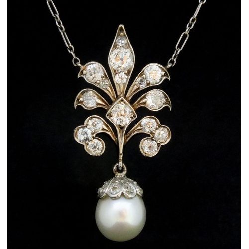 783 - An Edwardian yellow and white gold pendant set diamonds with pearl drop, on white metal chain, 80g -... 