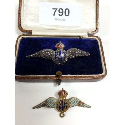 790 - A silver and marcasite enamel RAF sweetheart brooch with once other similar